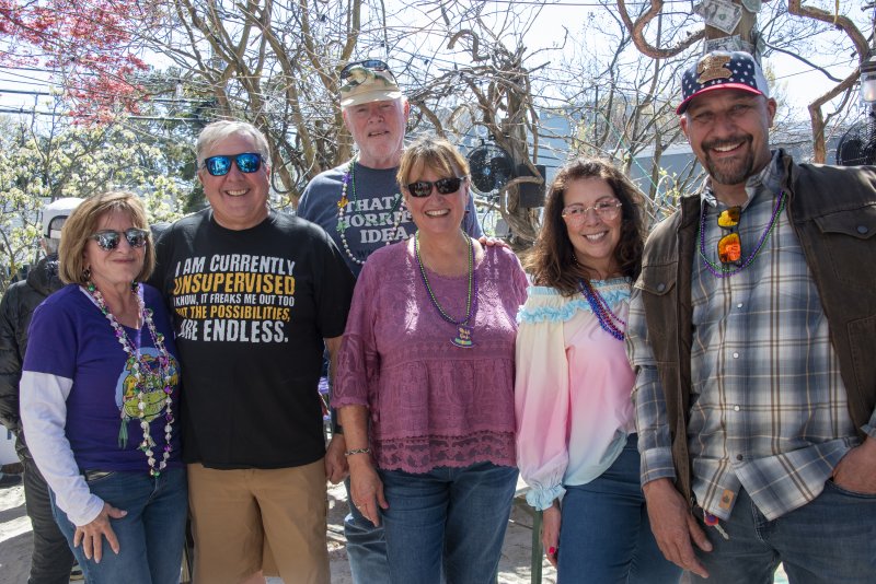 Dressed for the crawl in beads and hats are (l-r) June Gabler, Jim Shanaman, Rick Gabler, Laurie Shanaman, Christine Cunnane and Mark Holbrook.
